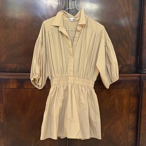 Casual Beige Mini Shirtdress with Elastic Waist